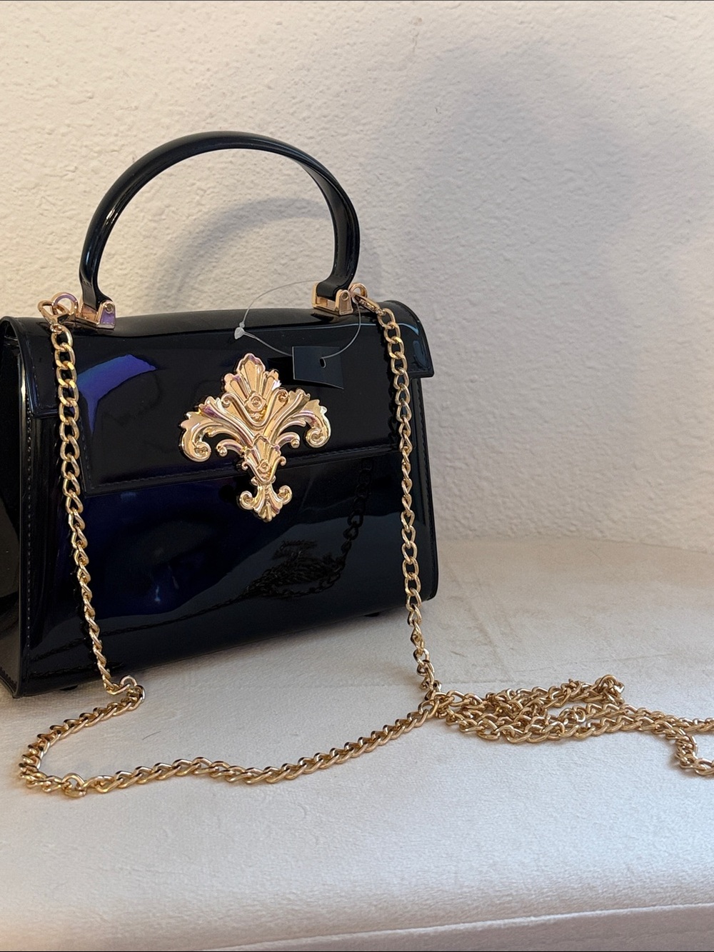 Black Patent Crossbody Bag with Gold Filigree Accent